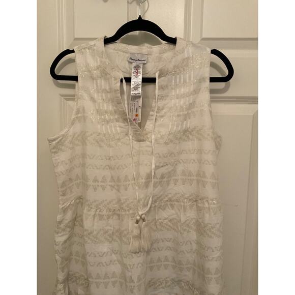 TOMMY BAHAMA WHITE W METALLIC THREADING SPLIT NECK DRESS WITH WHITE TASSLES SZ S - Picture 4 of 8